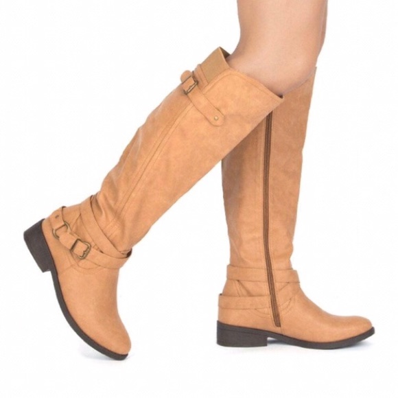 Toffee knee high buckled riding boots - Picture 1 of 5